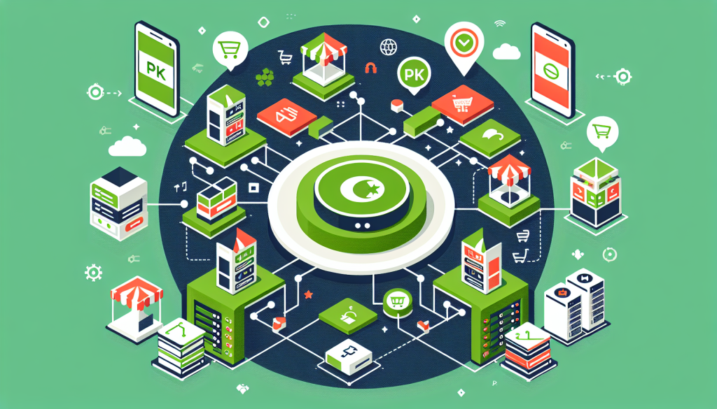 Multi-vendor marketplace Pakistan hosting guide showing server requirements, payment gateways, and .pk domain setup illust...